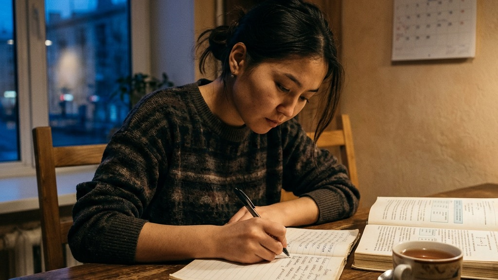 Qiz kechqurun deraza yonidagi stolda daftarga ruscha fe'l shakllarini yozmoqda, yonida darslik va bir piyola choy